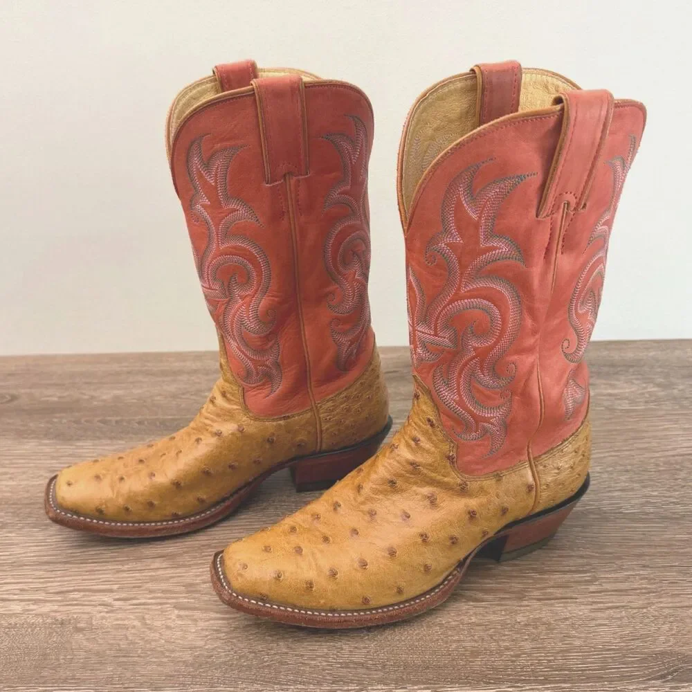 Justin L2697 Full Quill Ostrich Cowboy Boots Pink Pepper 6.5B Made USA
